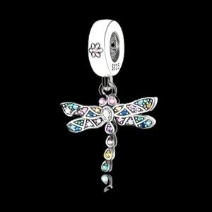 S925 Sterling Silver Dragonfly Charm Pendant with Sparkling Cubic Zirconia - NWT